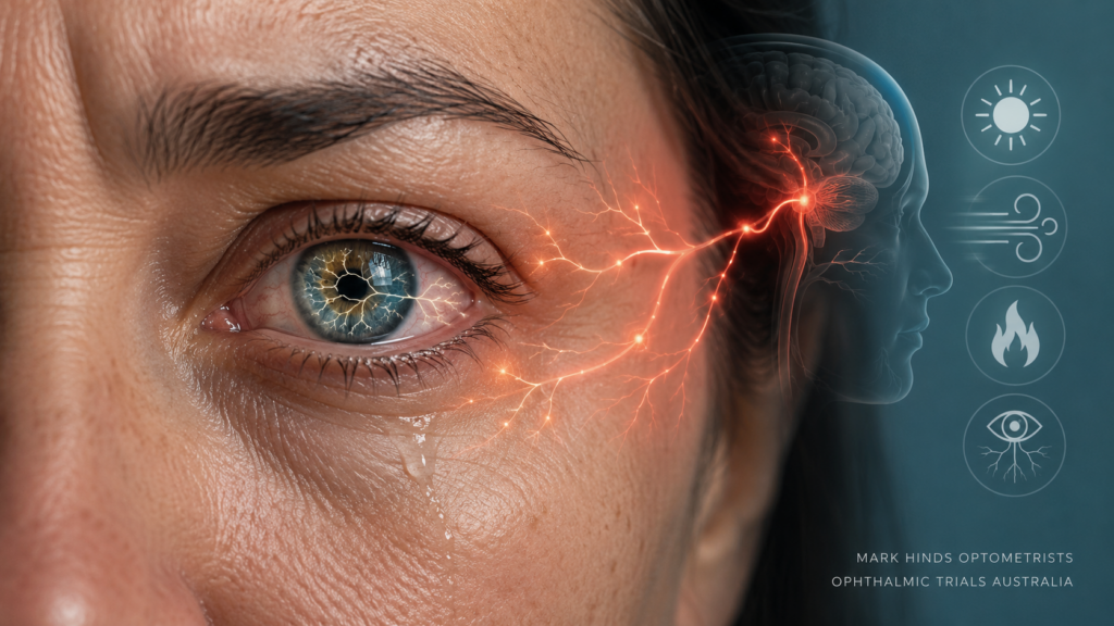 Medical illustration of neuropathic eye pain showing sensitised corneal nerves and pain signalling along the trigeminal pathway